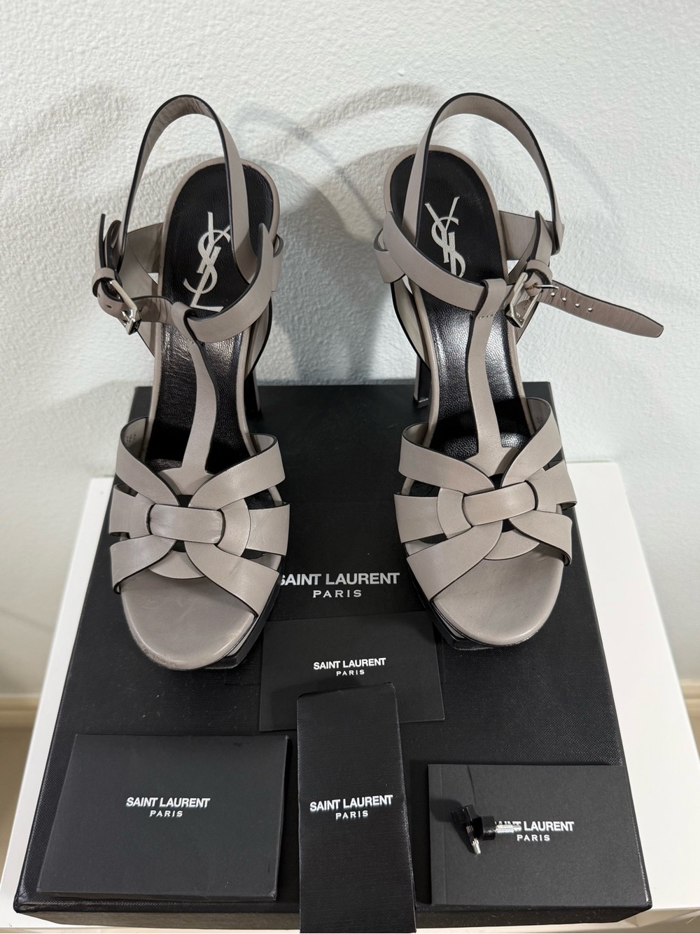 Saint Laurent Taupe Knotted T-Strap Heeled Sandals